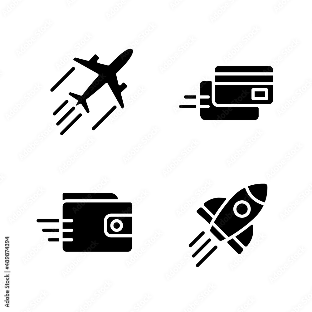 Flying transport black glyph icons set on white space. Digital payment. Money transfer. Launch rocket. Dynamic movement. Silhouette symbols. Solid pictogram pack. Vector isolated illustration Flying transport black glyph icons set on white space. Digital payment. Money transfer. Launch rocket. Dynamic movement. Silhouette symbols. Solid pictogram pack. Vector isolated illustration