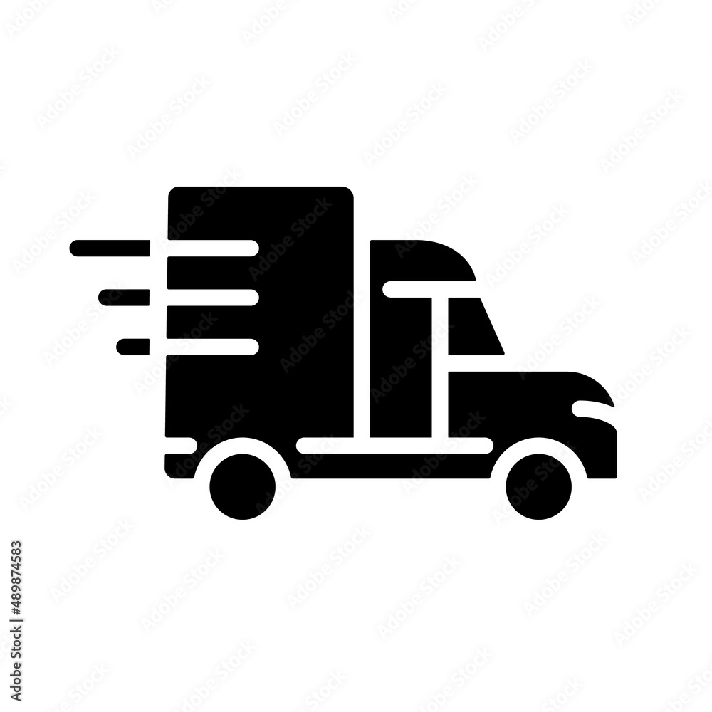 Truck black glyph icon. Cargo delivery. Transportation and logistics. Express shipment. Dynamic movement. Silhouette symbol on white space. Solid pictogram. Vector isolated illustration Truck black glyph icon. Cargo delivery. Transportation and logistics. Express shipment. Dynamic movement. Silhouette symbol on white space. Solid pictogram. Vector isolated illustration