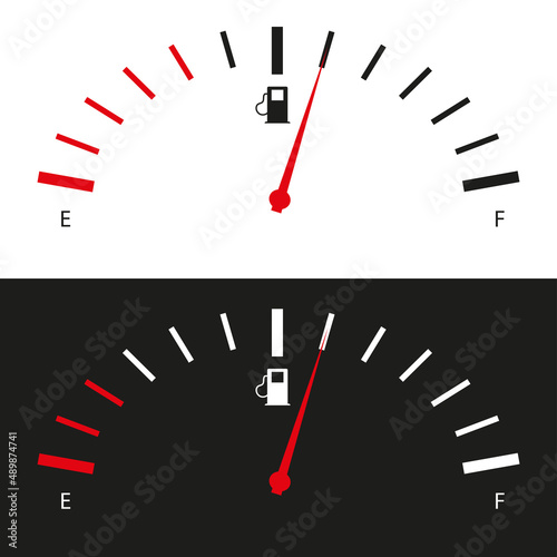 Fuel indicators with an arrow on the dashboard indicators. Gas meter. Gasoline dashboard. On a black and white background.