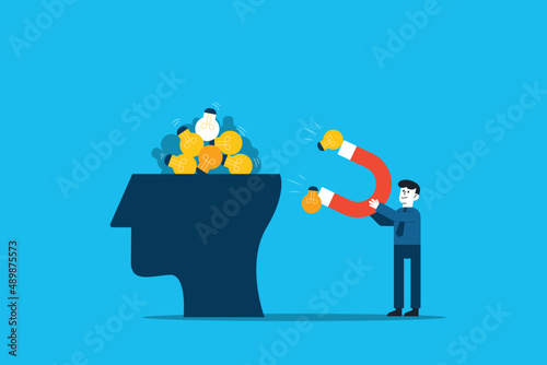 Human capital flight brain drain concept. Vector of a human head filled up with bright light bulbs ideas being attracted with magnet by corporate business