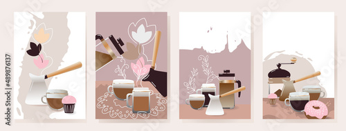 Set of vector illustrations. Cupcakes, muffins, cezve, coffee, grinders