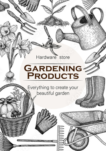 Vector banner template with elements for gardening. Household gloves, rubber boots, wicker basket with harvest, rake, garden shovel, narcissus seedling, sprout, wheelbarrow, watering can