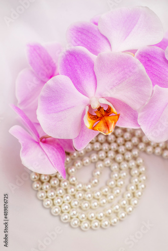Fototapeta Naklejka Na Ścianę i Meble -  The branch of purple orchids on white fabric background
