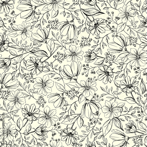 seamless graphic pattern of flowers and leaves, hand-drawn  © VeraTerenteva