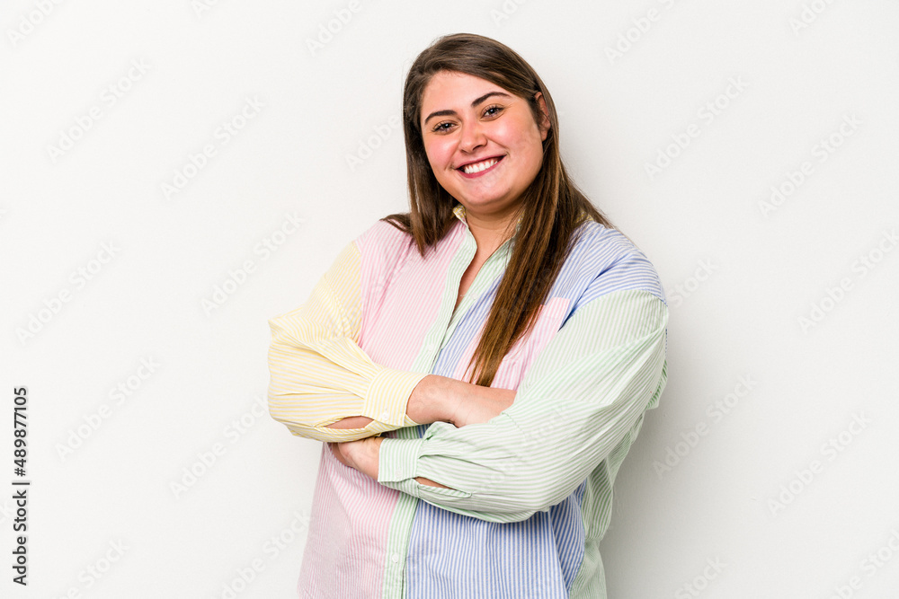 Young caucasian overweight woman isolated on white background happy, smiling and cheerful. Young caucasian overweight woman isolated on white background happy, smiling and cheerful.