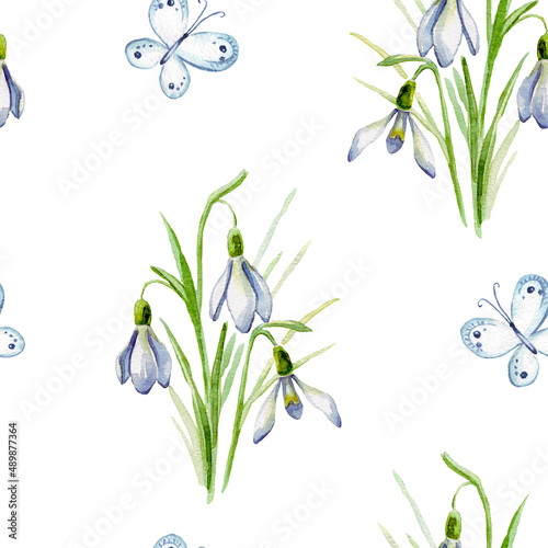 Snowdrop. Watercolor. Seamless pattern. Hand-painted