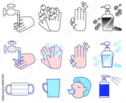 Illustration of hand washing, gargle, mask, prevention to prevent virus infection(感染予防のための手洗い、うがい、消毒のイラスト)

