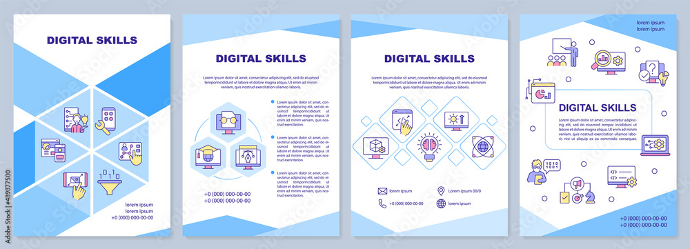 Digital skills brochure template. Computer literacy. Leaflet design with linear icons. 4 vector layouts for presentation, annual reports. Arial-Black, Myriad Pro-Regular fonts used