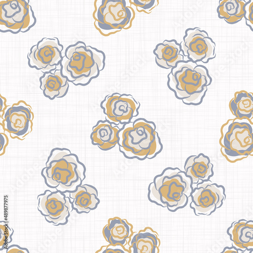  French blue floral linen seamless pattern with 2 tone country cottage style botanical motif. Simple vintage rustic fabric textile effect. Primitive modern shabby chic design.