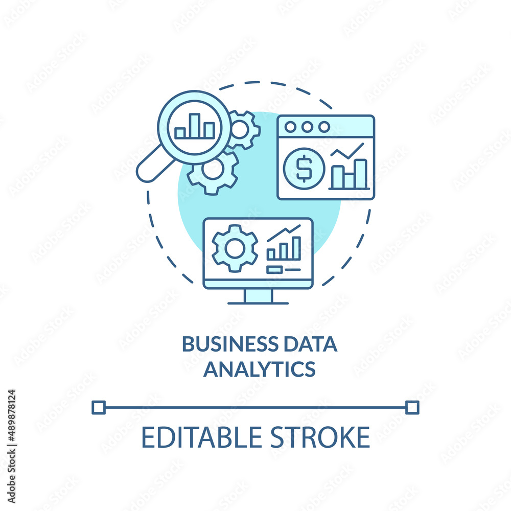 Business data analytics turquoise concept icon. Information research. Digital skills abstract idea thin line illustration. Isolated outline drawing. Editable stroke. Arial, Myriad Pro-Bold fonts used