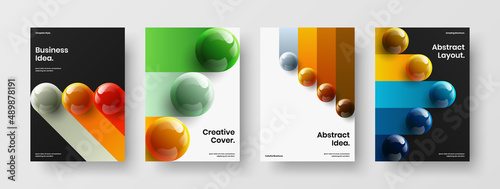 Isolated annual report A4 vector design illustration composition. Unique 3D spheres brochure layout set.