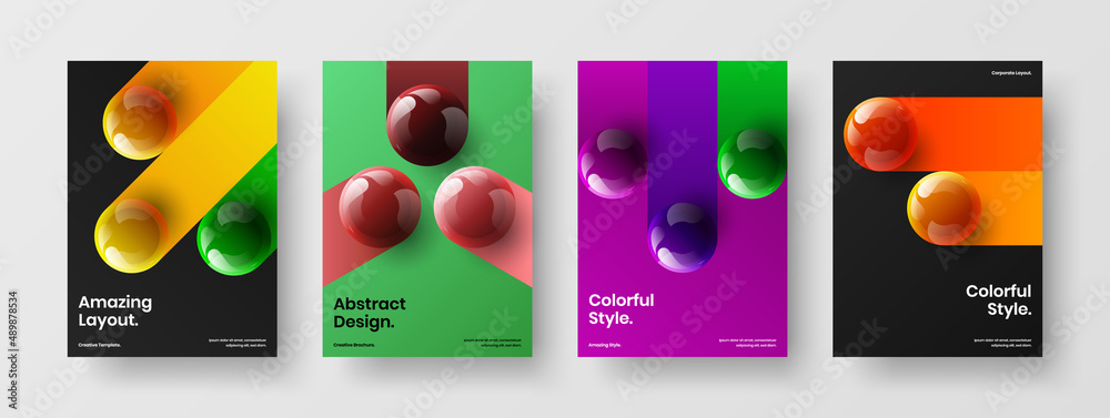 Unique placard A4 vector design concept set. Original realistic spheres company identity template bundle.