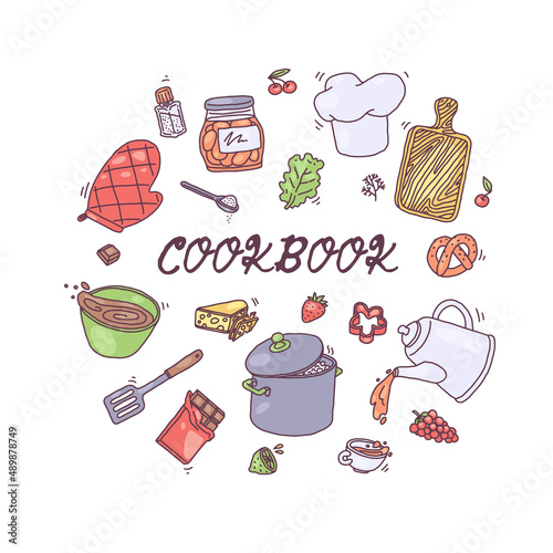 Cook recipes culinary book page cover design template, vector illustration.