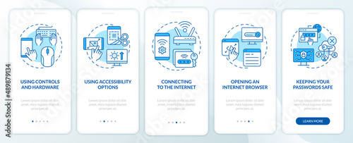 Digital basic foundation skills blue onboarding mobile app screen. Walkthrough 5 steps graphic instructions pages with linear concepts. UI, UX, GUI template. Myriad Pro-Bold, Regular fonts used