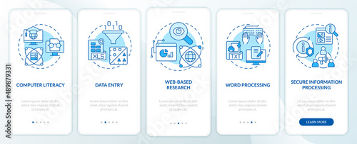 Basic digital skills blue onboarding mobile app screen. Computer literacy walkthrough 5 steps graphic instructions pages with linear concepts. UI, UX, GUI template. Myriad Pro-Bold, Regular fonts used