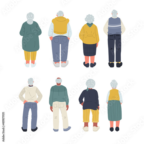 Back view of elderly people,isolated on white background.vector illustration