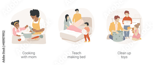 Household maintenance skills for kids isolated cartoon vector illustration set. Cooking with mom, teach making bed, clean up toys, homebased daycare, home education, kitchen help vector cartoon.