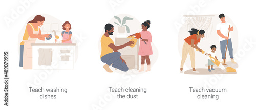Household maintenance skills in home education isolated cartoon vector illustration set. Teach washing dishes, cleaning the dust, vacuum cleaning, parental childcare, house chores vector cartoon.