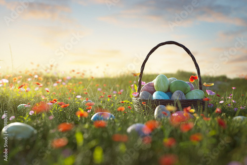 Canvas Easter Eggs Basket in a flowerfield