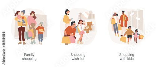 Family shopping time isolated cartoon vector illustration set. Family shopping, wish list, make purchases with kids, shopping center, buying gifts, happy customers, shopaholic vector cartoon. © Vector Juice