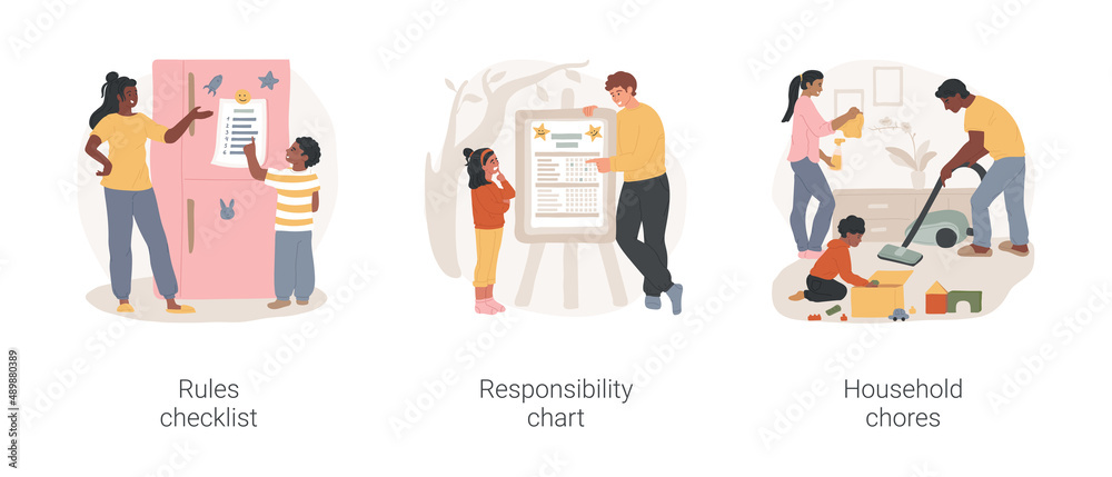 Family rules isolated cartoon vector illustration set. Rules checklist hanging on the fridge, responsibility chart, family member duty, help with household chores, home routine vector cartoon.