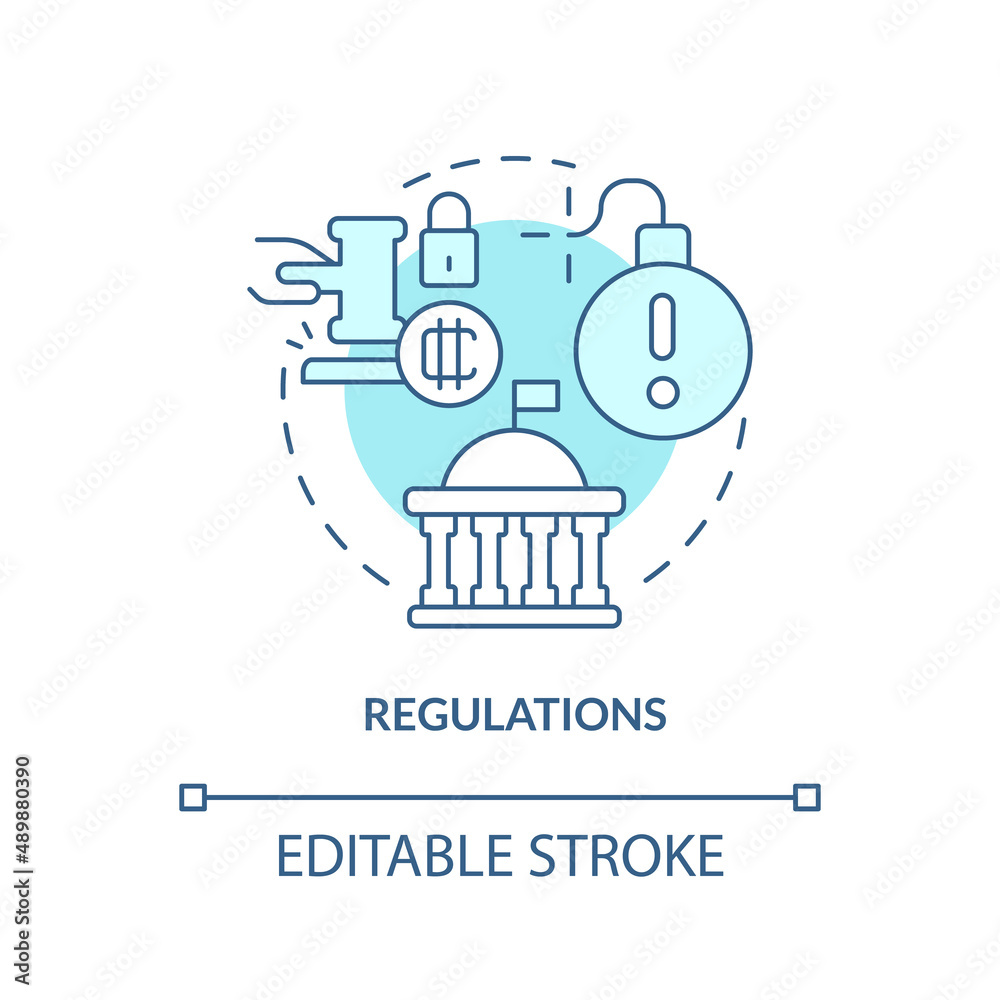 Regulations turquoise concept icon. Crypto-currency weak point abstract idea thin line illustration. State legislation. Isolated outline drawing. Editable stroke. Arial, Myriad Pro-Bold fonts used