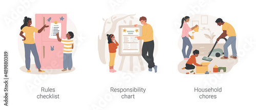 Family rules isolated cartoon vector illustration set. Rules checklist hanging on the fridge, responsibility chart, family member duty, help with household chores, home routine vector cartoon.