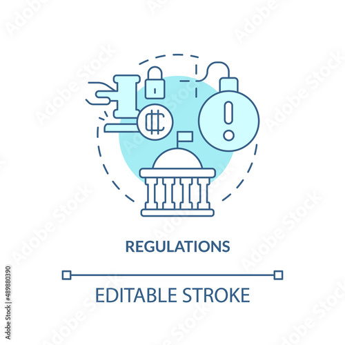 Regulations turquoise concept icon. Crypto-currency weak point abstract idea thin line illustration. State legislation. Isolated outline drawing. Editable stroke. Arial, Myriad Pro-Bold fonts used