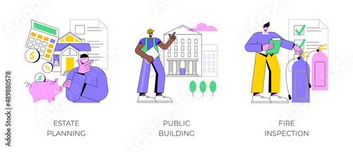Building maintenance abstract concept vector illustration set. Estate planning, public building, fire inspection, modern design, attorney advise, certification and requirements abstract metaphor.