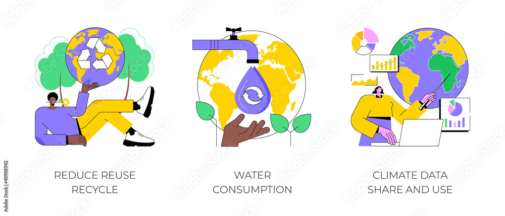 Save the planet abstract concept vector illustration set. Reduce Reuse Recycle, water consumption, climate data share and use, upcycling program, weather forecast, overconsumption abstract metaphor.