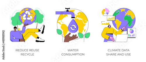 Save the planet abstract concept vector illustration set. Reduce Reuse Recycle, water consumption, climate data share and use, upcycling program, weather forecast, overconsumption abstract metaphor.