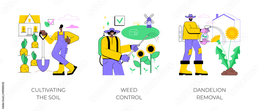 Garden protection abstract concept vector illustration set. Cultivating the soil, weed and pest control, dandelion removal, herbicide and pesticide, grass seed, weed-free lawn abstract metaphor.