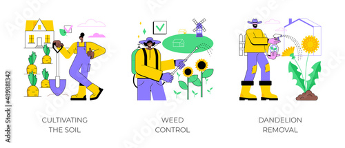 Garden protection abstract concept vector illustration set. Cultivating the soil, weed and pest control, dandelion removal, herbicide and pesticide, grass seed, weed-free lawn abstract metaphor.