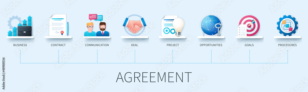 Agreement banner with icons. Business, contract, communication, deal, project, opportunities, goals, procedures. Business concept. Web vector infographic in 3D style Agreement banner with icons. Business, contract, communication, deal, project, opportunities, goals, procedures. Business concept. Web vector infographic in 3D style