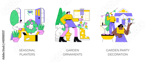 Garden accessories abstract concept vector illustration set. Seasonal planters, garden ornaments, party decoration, planting flowers, backyard lighting, dining space, front door abstract metaphor. © Vector Juice