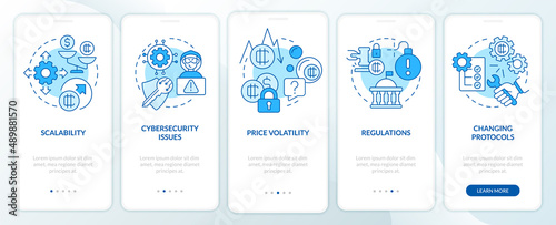 Cryptocurrency disadvantages blue onboarding mobile app screen. Walkthrough 5 steps graphic instructions pages with linear concepts. UI, UX, GUI template. Myriad Pro-Bold, Regular fonts used