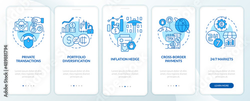 Cryptocurrency competitive edges blue onboarding mobile app screen. Walkthrough 5 steps graphic instructions pages with linear concepts. UI, UX, GUI template. Myriad Pro-Bold, Regular fonts used