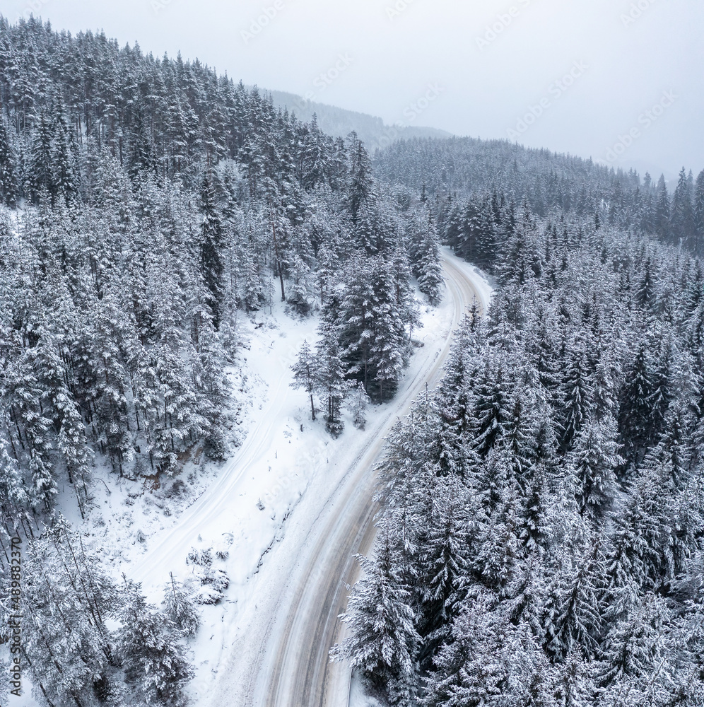 Aerial drone photography of a picturesque snowy forest with a curvy ...