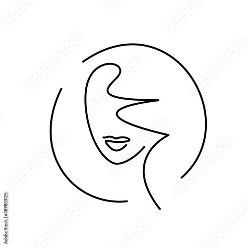 Face minimalism logo. Girl face thin continuous line drawing. Beauty salon icon. 