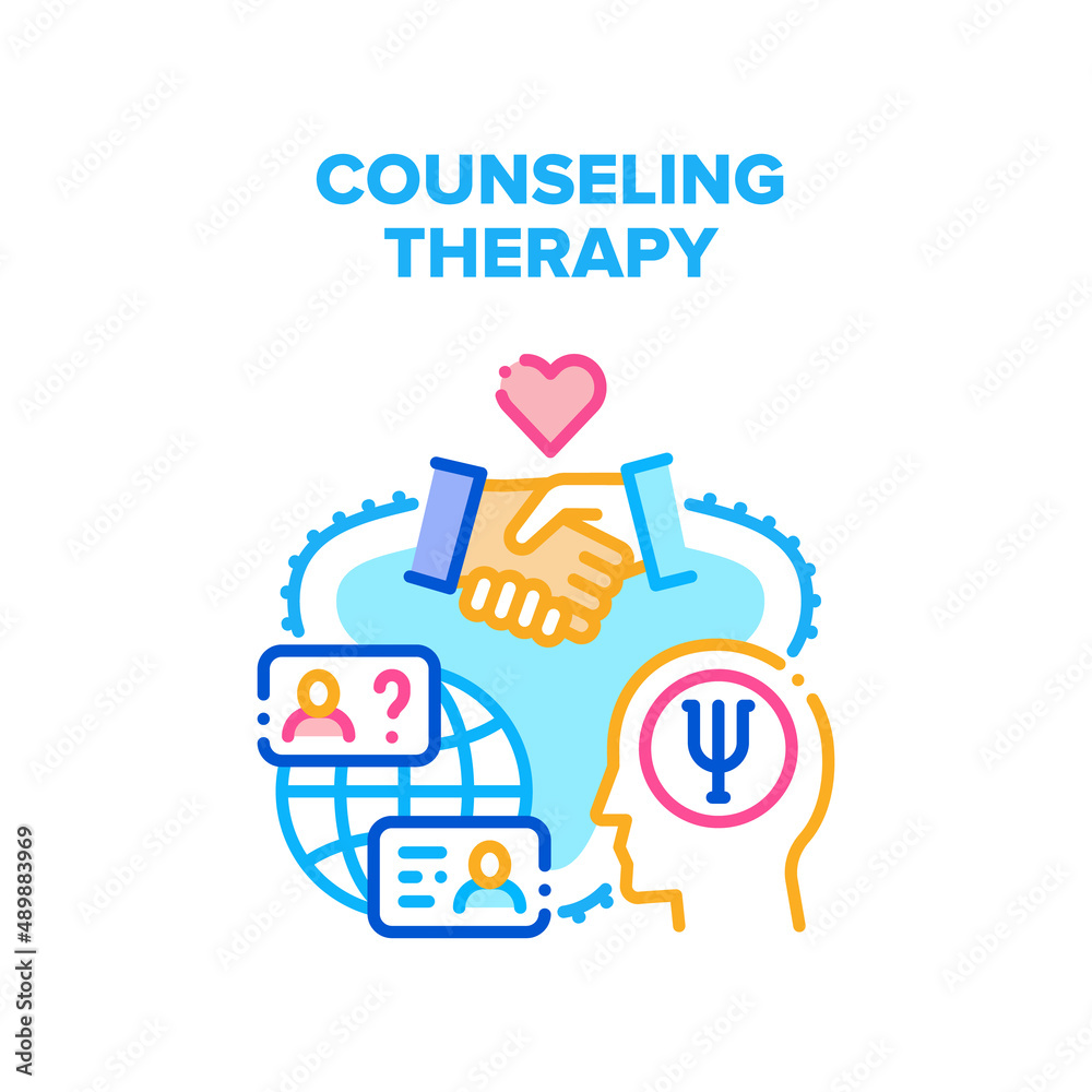 Counseling Therapy Vector Icon Concept. Psychological Counseling Therapy And Online Consultation With Psychotherapist Or Doctor. Professional Consult Session With Specialist Color Illustration