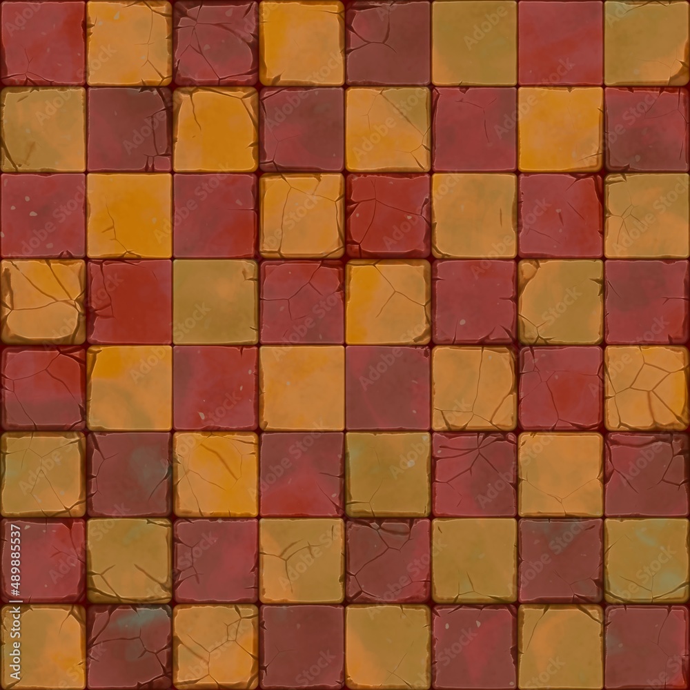 Cartoon cracked floor tiles. Ground wall tiles background, ancient old mosaic Cartoon cracked floor tiles. Ground wall tiles background, ancient old mosaic