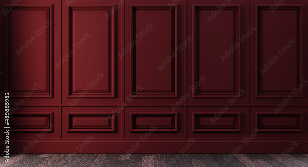 Classic luxury dark red empty interior with wall molding panels