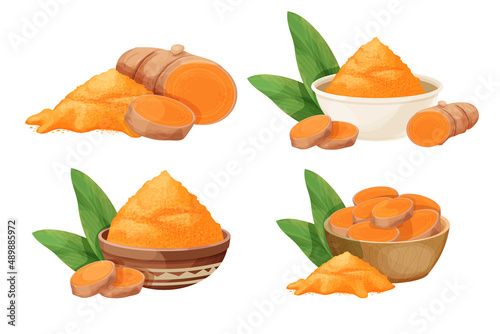 Set turmeric, curcuma dry powder in bowl, cup root in cartoon style isolated on white background. Homeopathy ingredient, aromatic Asian cuisine, close up photo
