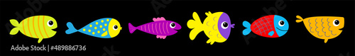 Fish icon line set. Cute cartoon kawaii funny baby character. Marine life. Colorful aquarium sea ocean animals. Kids collection. Isolated. Black background. Flat design.