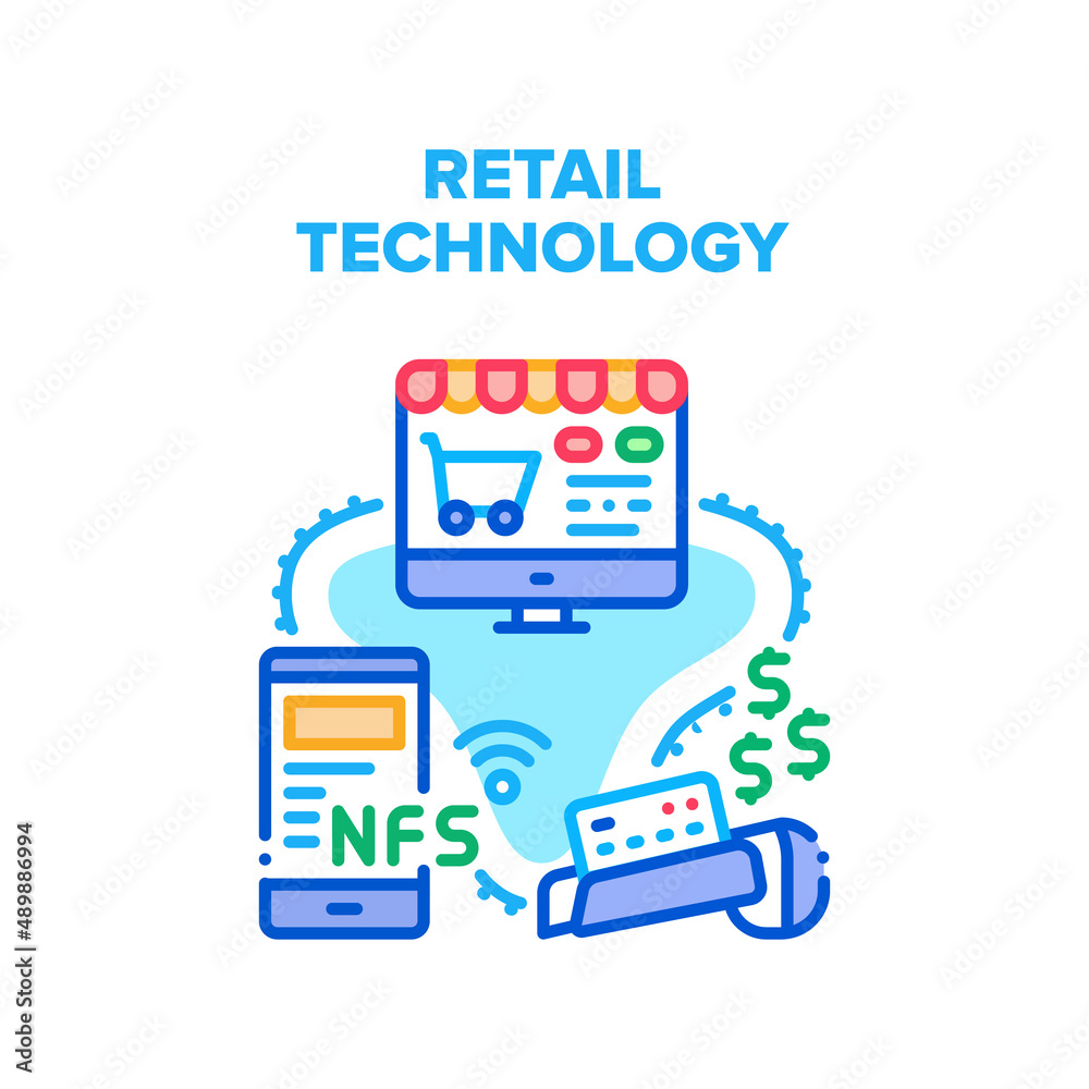 Retail Technology Vector Icon Concept. Smartphone Nfc System And Pos Terminal Retail Technology For Paying Contactless Card And Mobile Phone. Computer Online Choose Goods And Order Color Illustration