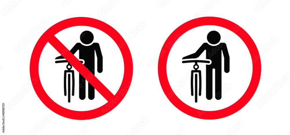 Stickman, stick figures man with a bicycle in his hand. Stop, no ban do not walking with a bike. Cycling line pattern banner. Cyclist logo or icon. Forbidden, do not entry Stickman, stick figures man with a bicycle in his hand. Stop, no ban do not walking with a bike. Cycling line pattern banner. Cyclist logo or icon. Forbidden, do not entry