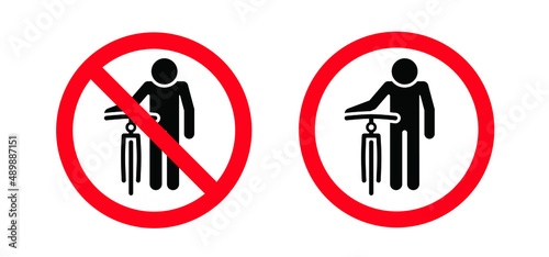 Stickman, stick figures man with a bicycle in his hand. Stop, no ban do not walking with a bike. Cycling line pattern banner. Cyclist logo or icon. Forbidden, do not entry