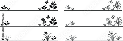 Spring Plant Line Break Divider Clipart Set - Outline and Silhouette