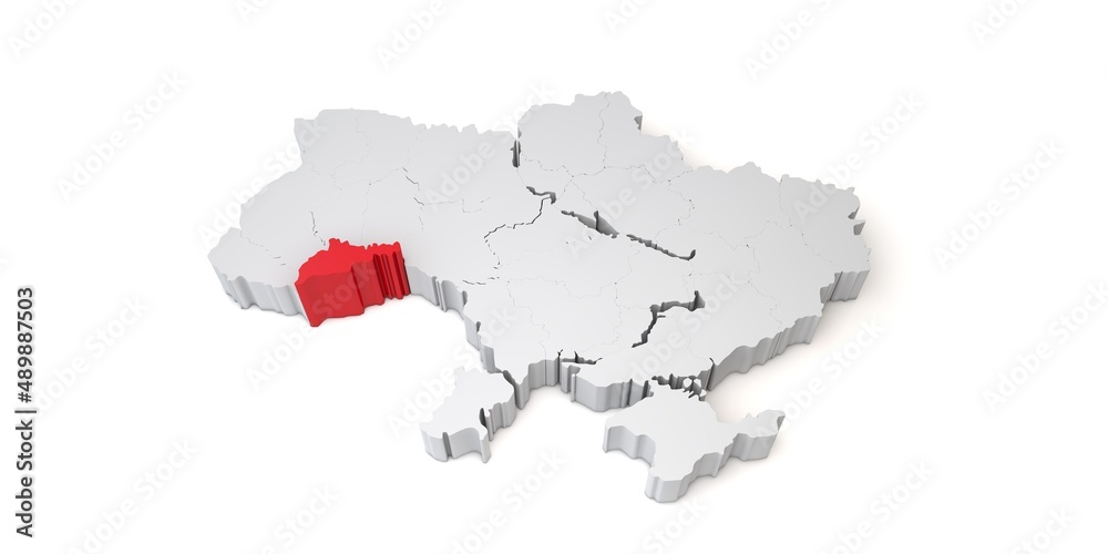 3d map of Ukraine showing the region of Chernivtsi in red. 3D Rendering