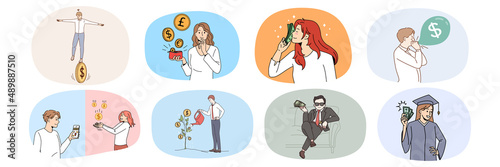 Set of happy successful men and women feel excited with income or profit. Bundle of diverse people get dividend earn money. Finance stability and success. Flat vector illustration. 